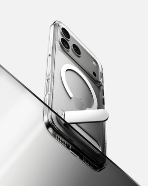 Spigen iPhone 17 Pro Ultra Hybrid S MagFit case in Clear White - rotating kickstand perspective