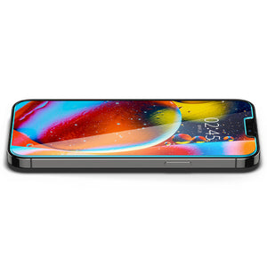 Spigen iPhone 13 Mini Screen Protector – GLAS.tR EZ Fit – installed tempered glass shown in landscape view