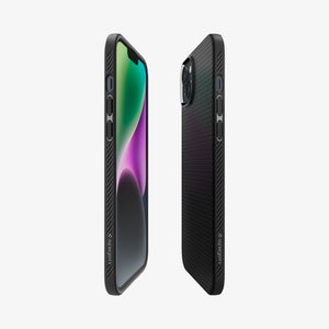 Spigen iPhone 14 Plus Case – Liquid Air - Matte Black - side, partial back and front views