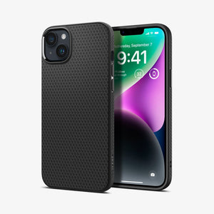Spigen iPhone 14 Case – Liquid Air - Matte Black - back and front views