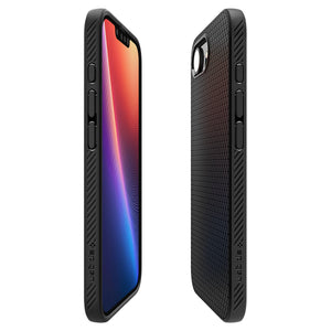 Spigen iPhone 17e and iPhone 16e Liquid Air case in Matte Black - front and rear side profiles