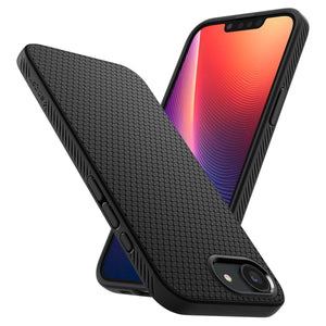 Spigen iPhone 17e and iPhone 16e Liquid Air case in Matte Black - angled rear and front view