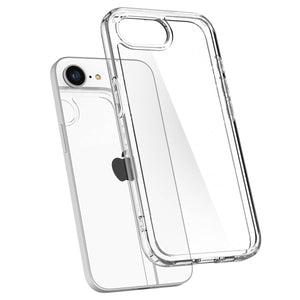 Spigen iPhone 17e and iPhone 16e Ultra Hybrid case in Crystal Clear - phone and case separated view