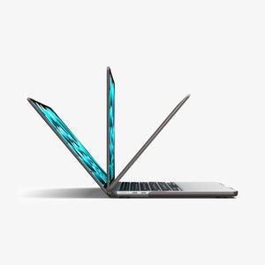Spigen MacBook Air 13-inch Air Skin in Frost Black showing three MacBook units opened at different angles to demonstrate the case allows full range of motion beyond 90 degrees