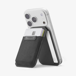 Spigen Slim Fold MagFit 12-card wallet stand in Black attached to an iPhone