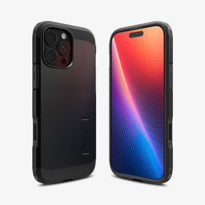 Spigen iPhone 16 Pro Tough Armor T AI MagFit case in Black - rear and front three-quarter view