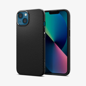 Spigen Liquid Air case for iPhone 13 mini in Matte Black – front and back views