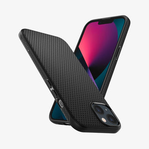 Spigen Liquid Air case for iPhone 13 mini in Matte Black – angled front and back views