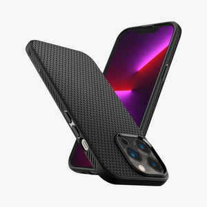 Spigen Liquid Air case for iPhone 13 Pro in Matte Black – angled front and back views