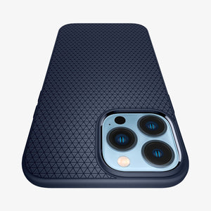 Spigen Liquid Air case for iPhone 13 Pro Max in Navy Blue – camera cutout close-up