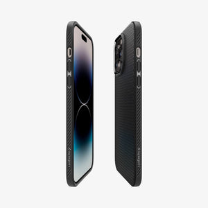 Spigen iPhone 14 Pro Case – Liquid Air - Matte Black - side, partial back and front views