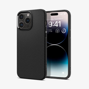 Spigen iPhone 14 Pro Case – Liquid Air - Matte Black - back and front views