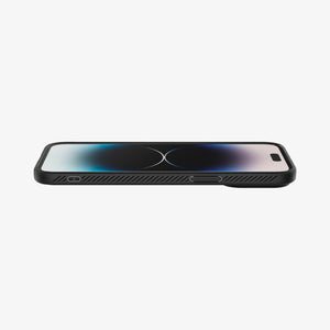 Spigen iPhone 14 Pro Case – Liquid Air - Matte Black - front and side profile while lying flat