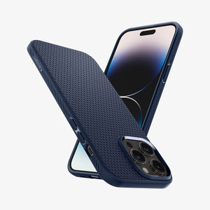 Spigen iPhone 14 Pro Case – Liquid Air - Navy Blue - back, side and front views