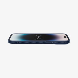 Spigen iPhone 14 Pro Case – Liquid Air - Navy Blue - front and side profile while lying flat