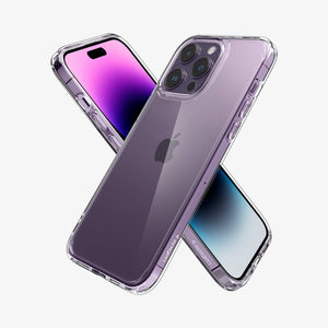 Spigen iPhone 14 Pro Max Case – Ultra Hybrid in Crystal Clear – angled front and back views