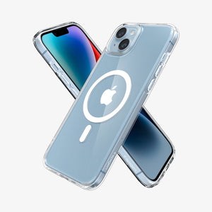 Spigen iPhone 14 Plus Case – Ultra Hybrid (MagFit) in White – angled front and back views