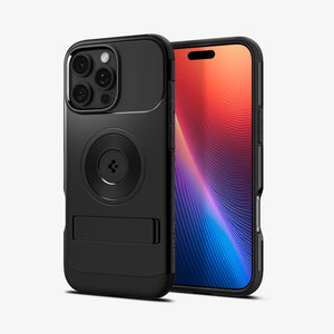 Spigen iPhone 16 Pro Slim Armor MagFit case in Black - front and rear three-quarter view