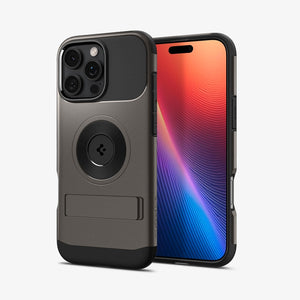 Spigen iPhone 16 Pro Slim Armor MagFit case in Gunmetal - front and rear three-quarter view