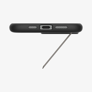 Spigen iPhone 16 Pro Slim Armor MagFit case in Gunmetal - exploded hard-shell and flexible-layer construction