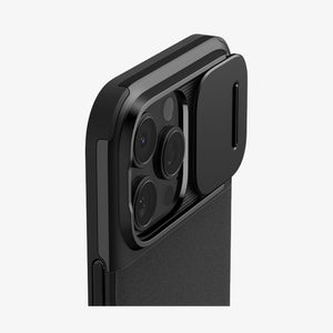 Spigen iPhone 16 Pro Case – Optik Armor MagFit in Black – close-up of the sliding camera cover