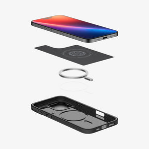 Spigen iPhone 16 Pro Case – Optik Armor MagFit in Black – exploded view of the phone, magnetic components, and case