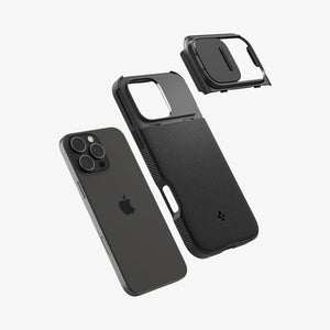 Spigen iPhone 16 Pro Case – Optik Armor MagFit in Black – exploded view of the phone, case, and sliding camera cover