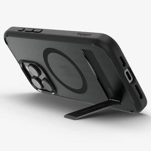 Spigen iPhone 16 Pro Ultra Hybrid S MagFit case in Frost Black - angled kickstand viewing position