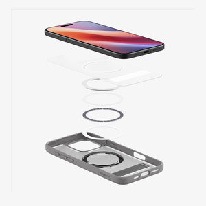 Spigen iPhone 16 Pro Ultra Hybrid S MagFit case in Frost Black - exploded magnetic ring and case layers