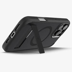 Spigen iPhone 16 Pro Ultra Hybrid S MagFit case in Frost Black - horizontal kickstand viewing position