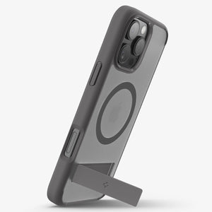 Spigen iPhone 16 Pro Ultra Hybrid S MagFit case in Frost Gray - vertical kickstand viewing position