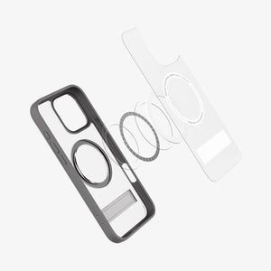 Spigen iPhone 16 Pro Ultra Hybrid S MagFit case in Frost Gray - exploded case and magnetic construction