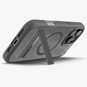Spigen iPhone 16 Pro Ultra Hybrid S MagFit case in Frost Gray - horizontal kickstand viewing position