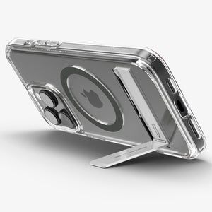 Spigen iPhone 16 Pro Ultra Hybrid S MagFit case in Graphite - angled kickstand viewing position