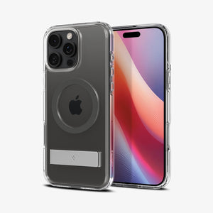 Spigen iPhone 16 Pro Ultra Hybrid S MagFit case in Graphite - front and rear case view with phone