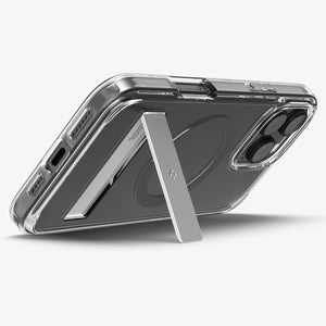 Spigen iPhone 16 Pro Ultra Hybrid S MagFit case in Graphite - horizontal kickstand viewing position