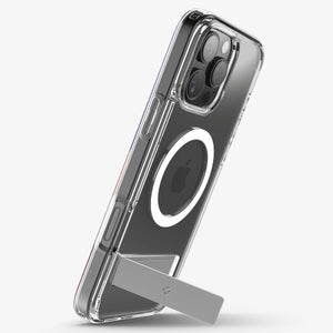 Spigen iPhone 16 Pro Ultra Hybrid S MagFit case in Crystal Clear - vertical kickstand viewing position
