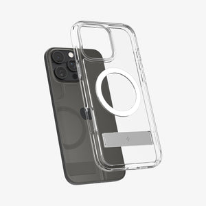 Spigen iPhone 16 Pro Ultra Hybrid S MagFit case in Crystal Clear - case and phone separated view