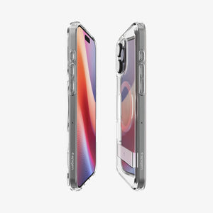 Spigen iPhone 16 Pro Ultra Hybrid S MagFit case in Crystal Clear - phone and case side installation view