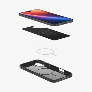 Spigen iPhone 16 Plus Thin Fit MagFit case in Black - exploded view of magnetic layer construction