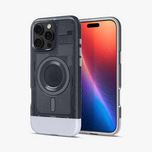 Spigen iPhone 16 Pro Classic C1 MagFit case in Graphite - front and rear view with phone