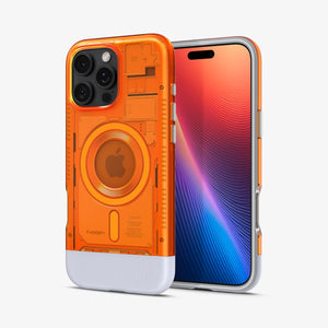 Spigen iPhone 16 Pro Classic C1 MagFit case in Tangerine - front and rear view with phone