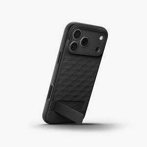 Spigen iPhone 17 Pro Parallax S MagFit case in Matte Black - portrait kickstand view