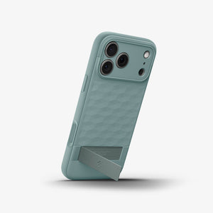 Spigen iPhone 17 Pro Parallax S MagFit case in Sage Green - portrait kickstand view
