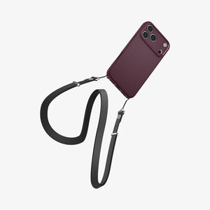 Spigen iPhone 18 Pro Liquid Air Dark Cherry – crossbody carry example; strap not included