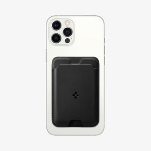 AMP02284 - MagSafe Card Holder Valentinus (MagFit) in black showing the card holder attached to back of device