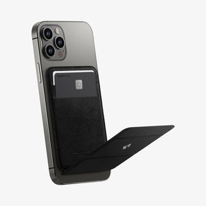 AMP02835 - Universal Card Holder Smart Fold in gunmetal showing the front attached to the back of a device