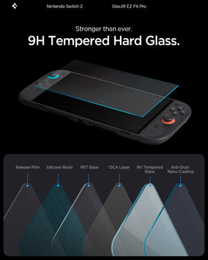 Nintendo Switch 2 GLAS.tR EZ Fit Pro 9H tempered glass layer diagram