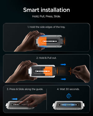 iPhone Pro Max EZ Fit Pro hold, pull, press-slide and wait installation steps