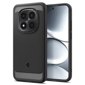 Spigen Rugged Armor case shown on Redmi Note 15 Pro 5G from front and back